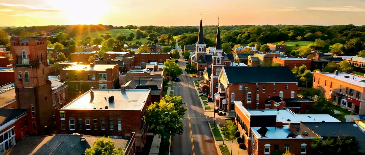 Slow aerial drone footage flying over downtown High Point, North Carolina, the home city of Hallelujah Baptist Church.
